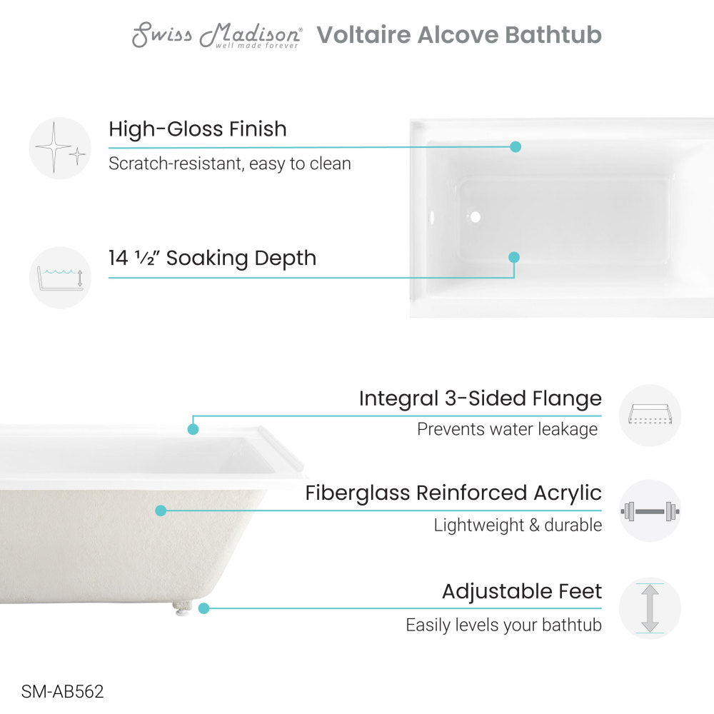 Swiss Madison Voltaire 54" x 30" Acrylic Glossy White, Alcove, Integral Left-Hand Drain, Bathtub SM-AB562