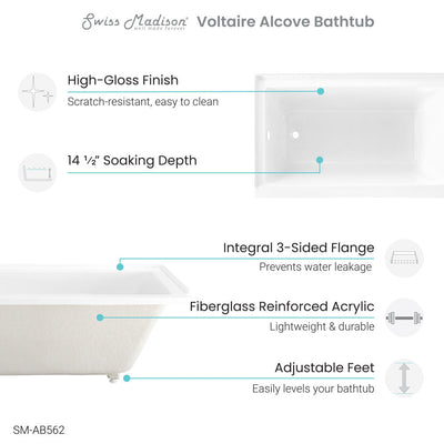 Swiss Madison Voltaire 54" x 30" Acrylic Glossy White, Alcove, Integral Left-Hand Drain, Bathtub SM-AB562