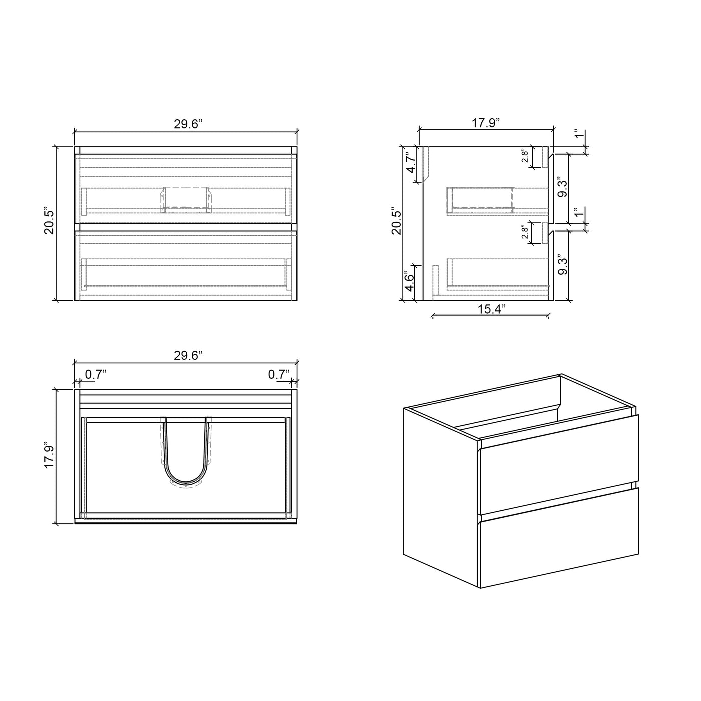 U063-ALICE72W-201 Alice 72" White Bathroom Vanity with Double Sinks and Open Shelf, Modern Wall Mounted Floating Bathroom Vanity, One-Piece Sink Basin without Drain and Faucet