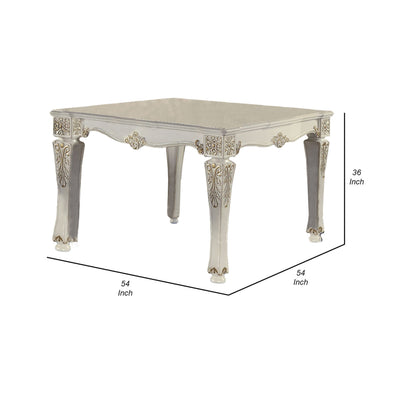 Jess 54 Inch Counter Table, 4 Seater, Classic White, Ornate Scroll Carvings