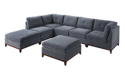 Ash Grey Chenille Fabric Modular Sectional 7pc Set Living Room Furniture U-Sectional Couch 2x Corner Wedge 3x Armless Chairs and 2x Ottomans Tufted Back