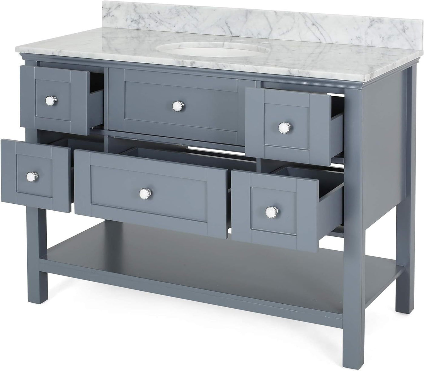 49'' Bathroom Vanity with Marble Top & Ceramic Sink, Open Shelf, 5 Drawers, Gray (Same as N759S999002G)