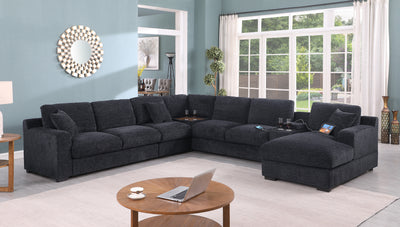 Celine 141.5" Dark Gray Chenille Fabric Corner Sectional Sofa with Right-Facing Chaise, Cupholders, and Charging Ports