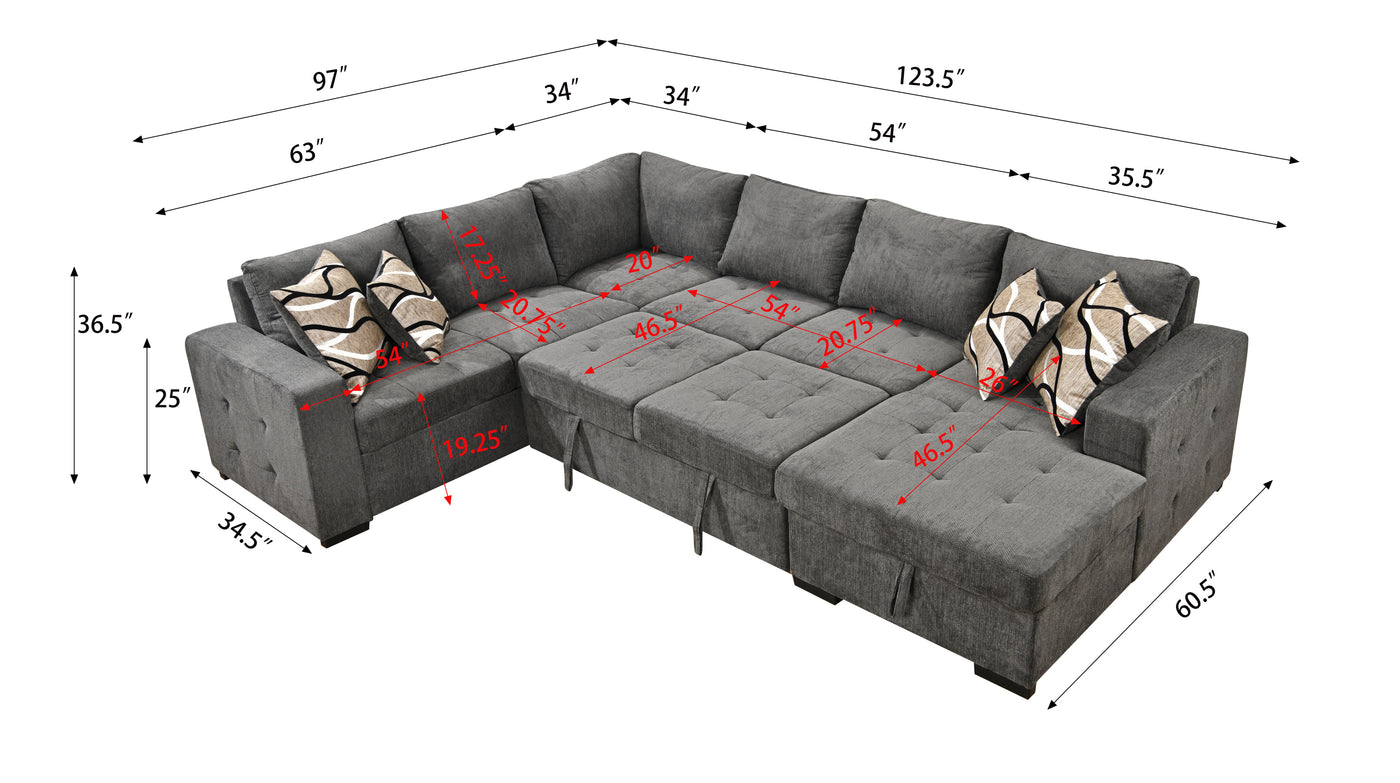 123" Oversized Sectional Sofa with Storage Chaise, U Shaped Sectional Couch with 4 Throw Pillows for Large Space Dorm Apartment. Charcoal Grey