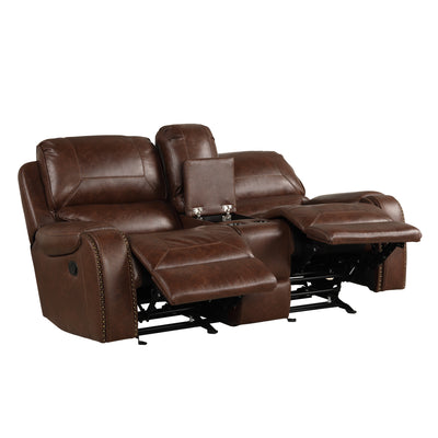 Achern Brown Leather-Air Nailhead Manual Reclining 3-Piece Sofa Set