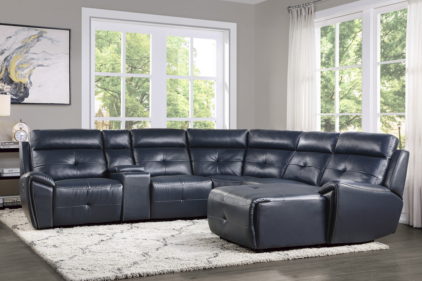 6-Piece Modular Reclining Sectional with Right Chaise Navy Blue Premium Faux Leather Tufted Details Solid Wood Modern Living Room Furniture Plush Pillow-Back Seating