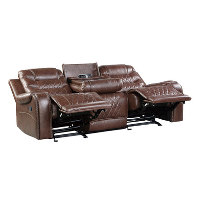 Luxurious Living Room Furniture 2pc Reclining Sofa Set Brown Breathable Faux Leather Upholstery Center Drop-Down Cup Holders, Power Outlets, USB Ports, Diamond Pattern Stitching