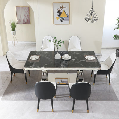 Luxury Modern Dining Table 78.7inch Black Dining Table with 6 chairs  Faux Marble Dining Table Top with Titanium-Plated Dual Circle Base with 6pcs Chairs  .