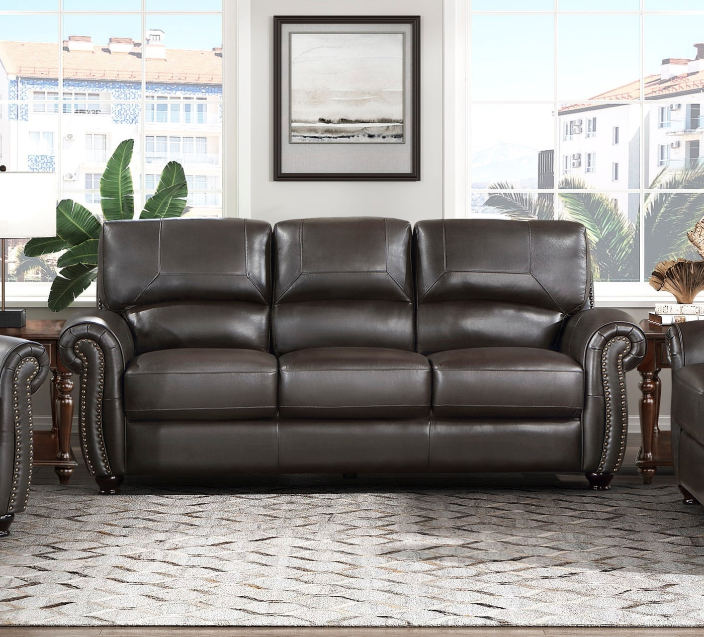 Traditional Living Room Furniture 3pc Sofa Set Dark Brown Leather Sofa Loveseat Chair Comfortable Plush Seating Rolled Arms Nailhead Trim Classic Design