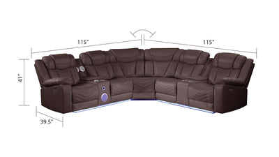 Challenger Modern Style Recliner Sectional Sofa, Built in USB-C Ports & Bluetooth, made with Wood & Faux Leather in Brown