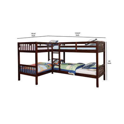 Wooden L Shaped Twin Quad Bunk Bed with Attached Ladder, Brown