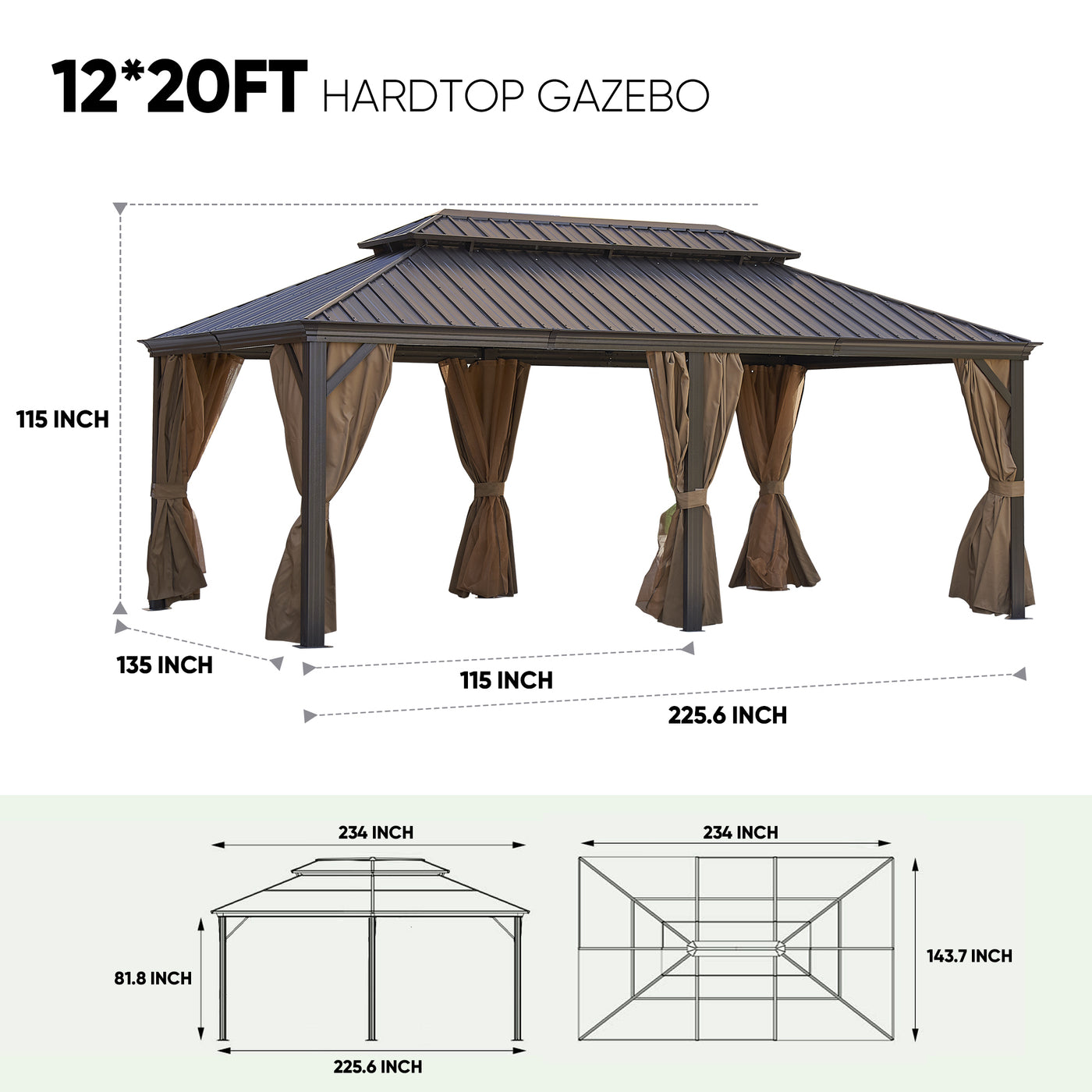 12*20FT  patic gazebo,alu gazebo with steel canopy,Outdoor Permanent Hardtop Gazebo Canopy for Patio, Garden, Backyard