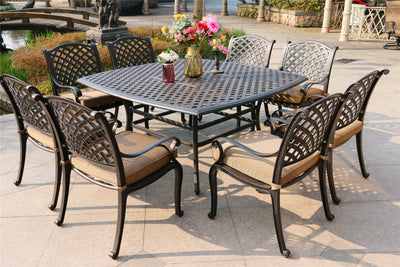 Square 8 - Person 63.98" Long Dining Set with Dupione Brown Cushions