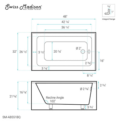 Swiss Madison Voltaire 48" x 32" Right-Hand Drain Alcove Bathtub with Apron in Bisque SM-AB551BQ