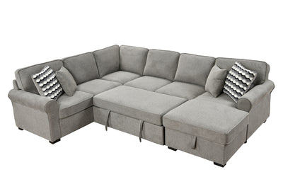 117" Oversized Sectional Sofa with Storage Chaise, Rolled Arms U Shaped Sectional Couch ,Removable Soft Backrest Cushions, with 4 Throw Pillows for Large Space Dorm Apartment,Light Gray