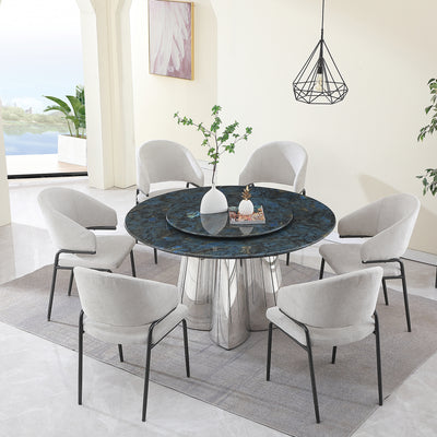 53.3"Modern Sintered stone dining table with 31.5" round turntable and metal exquisite pedestal with 6pcs Chairs