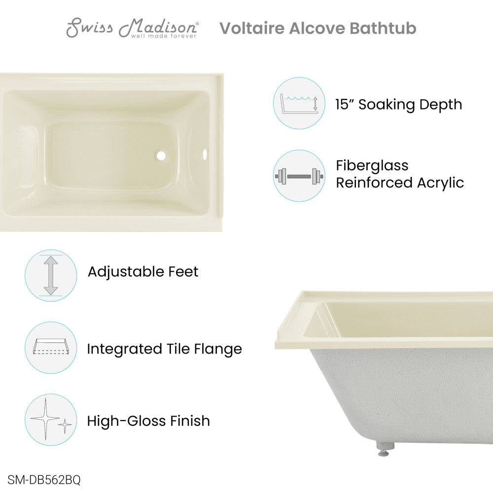 Swiss Madison Voltaire 48" x 32" Right-Hand Drain Alcove Bathtub in Bisque SM-DB562BQ