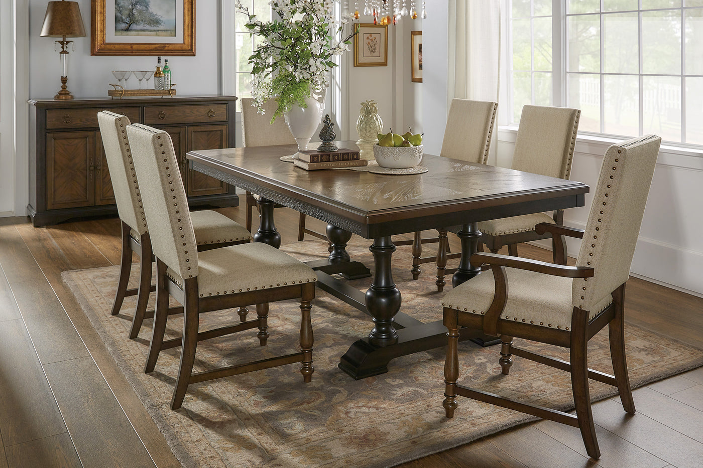 Traditional 7pc Dining Set Table with Extension Leaf 2 Armchairs 4 Side Chairs Beige Fabric Upholstered Nailhead Trim Brown Classic Dining Room Furniture