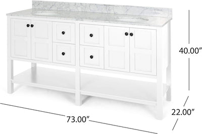 73'' Bathroom Vanity with Marble Top & Double Ceramic Sinks, 4 Doors, 4 Drawers, Open Shelf, White