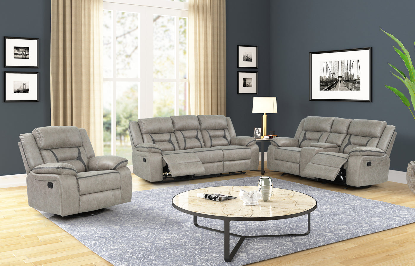 Denali Faux Leather Upholstered 3 Pc Sofa Set Made With Wood Finished in Gray