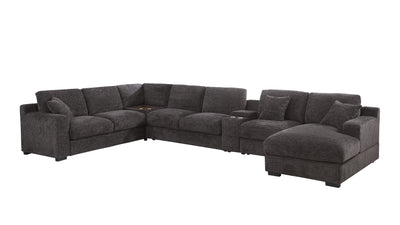 Celine 141.5" Gray Chenille Fabric Corner Sectional Sofa with Right-Facing Chaise, Cupholders, and Charging Ports