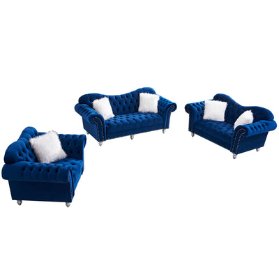 3 Piece Living Room Sofa Set, including 3-Seater Sofa, Loveseat and Sofa Chair, with Button and Copper Nail on Arms and Back, Five White Villose Pillow, Blue.