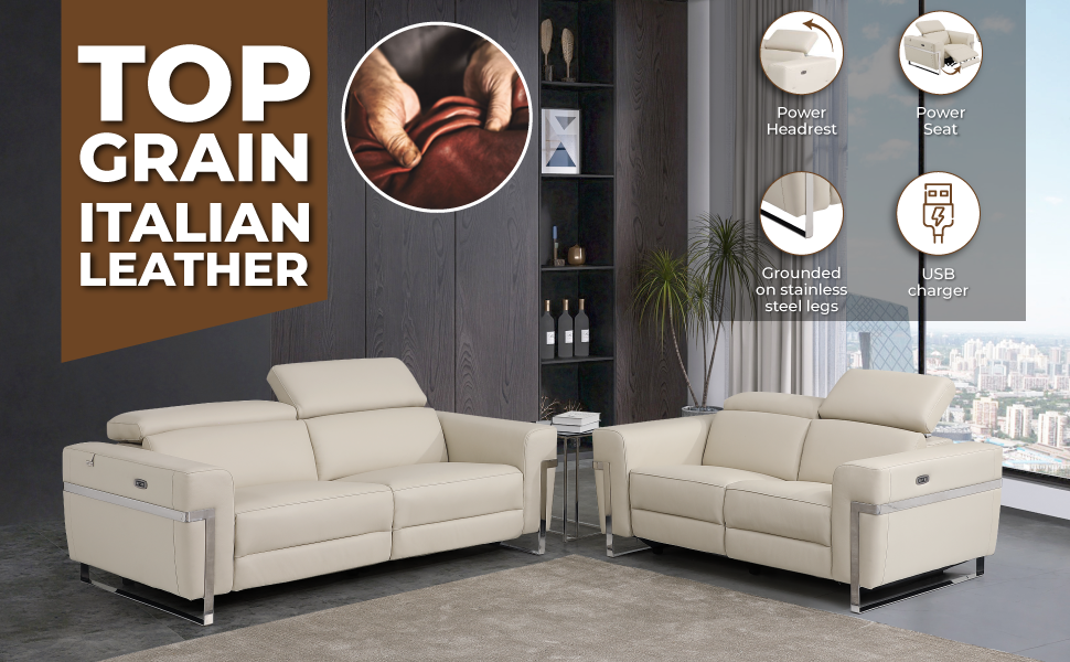 Global United Top Grain Italian Leather Sofa with Power Recliner