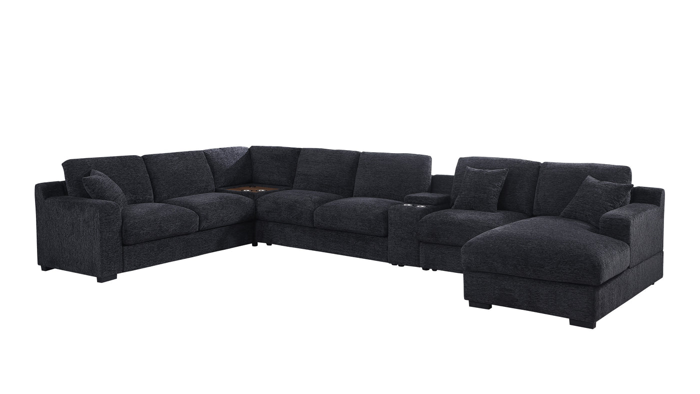 Celine 141.5" Dark Gray Chenille Fabric Corner Sectional Sofa with Right-Facing Chaise, Cupholders, and Charging Ports