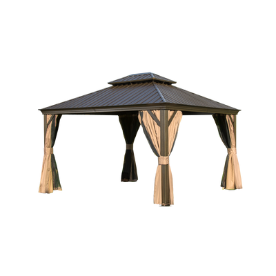 12'x14' Hardtop Gazebo, Outdoor Aluminum Frame Canopy with Galvanized Steel Double Roof, Outdoor Permanent Metal Pavilion with Curtains and Netting for Patio, Backyard and Lawn(Brown)