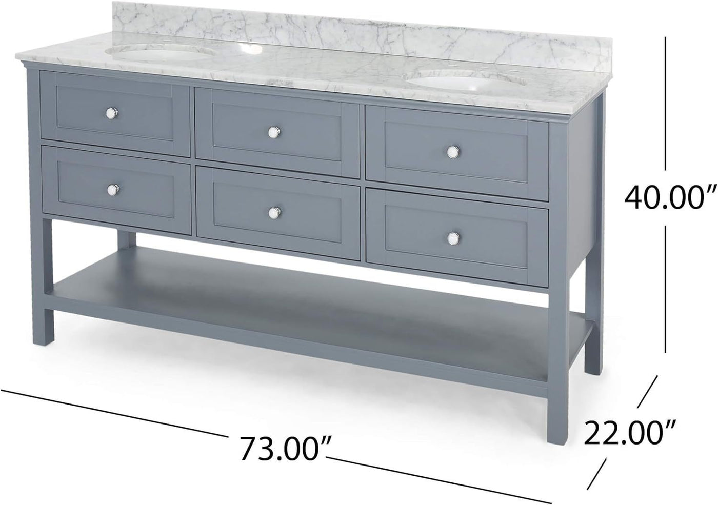 73'' Bathroom Vanity with Marble Top & Double Ceramic Sinks, 4 Drawers, Open Shelf, Grey