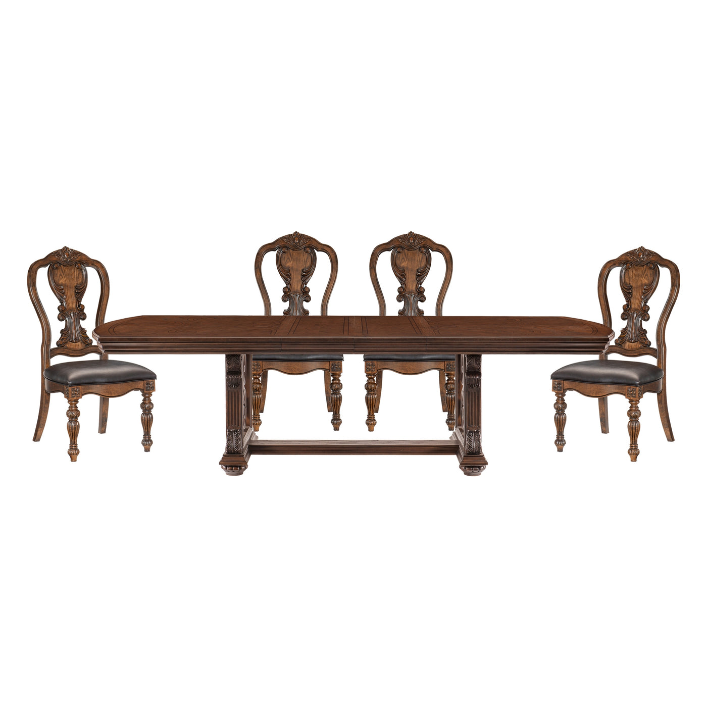 Lavish Style Formal Dining 5pc set Dining Table w Extension Leaf and 4x Side Chairs Dark Oak Finish Wooden Furniture