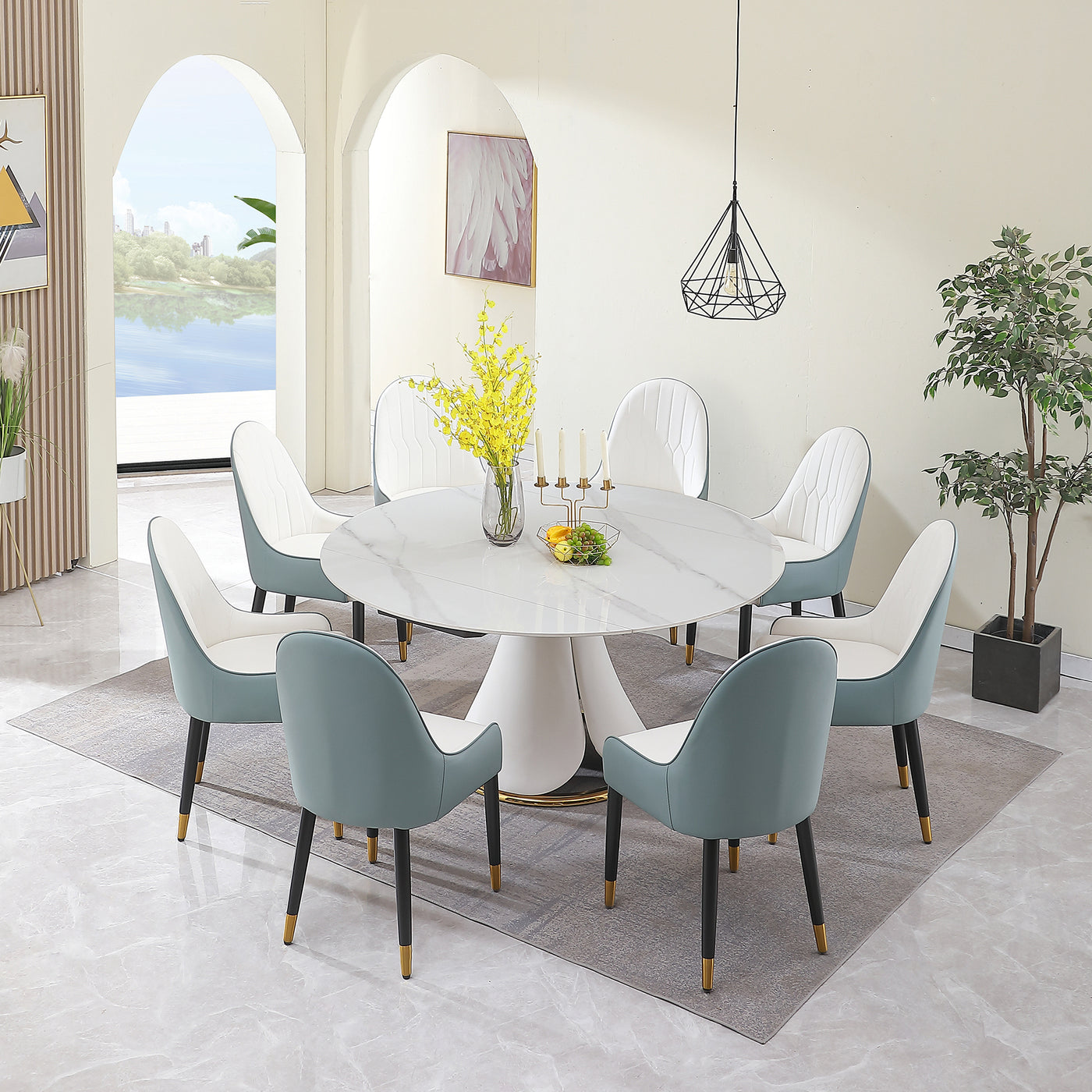 Fashion modern sinntered stone dining table with simple and multi-functional retractable dining table with 8pcs Chairs