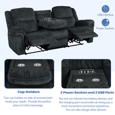 Home Theater Seating Manual Reclining Sofa with Cup Holders,Hide-Away Storage, 2 USB Ports and 2 Power Sockets for Living Room, Bedroom, Dark Blue