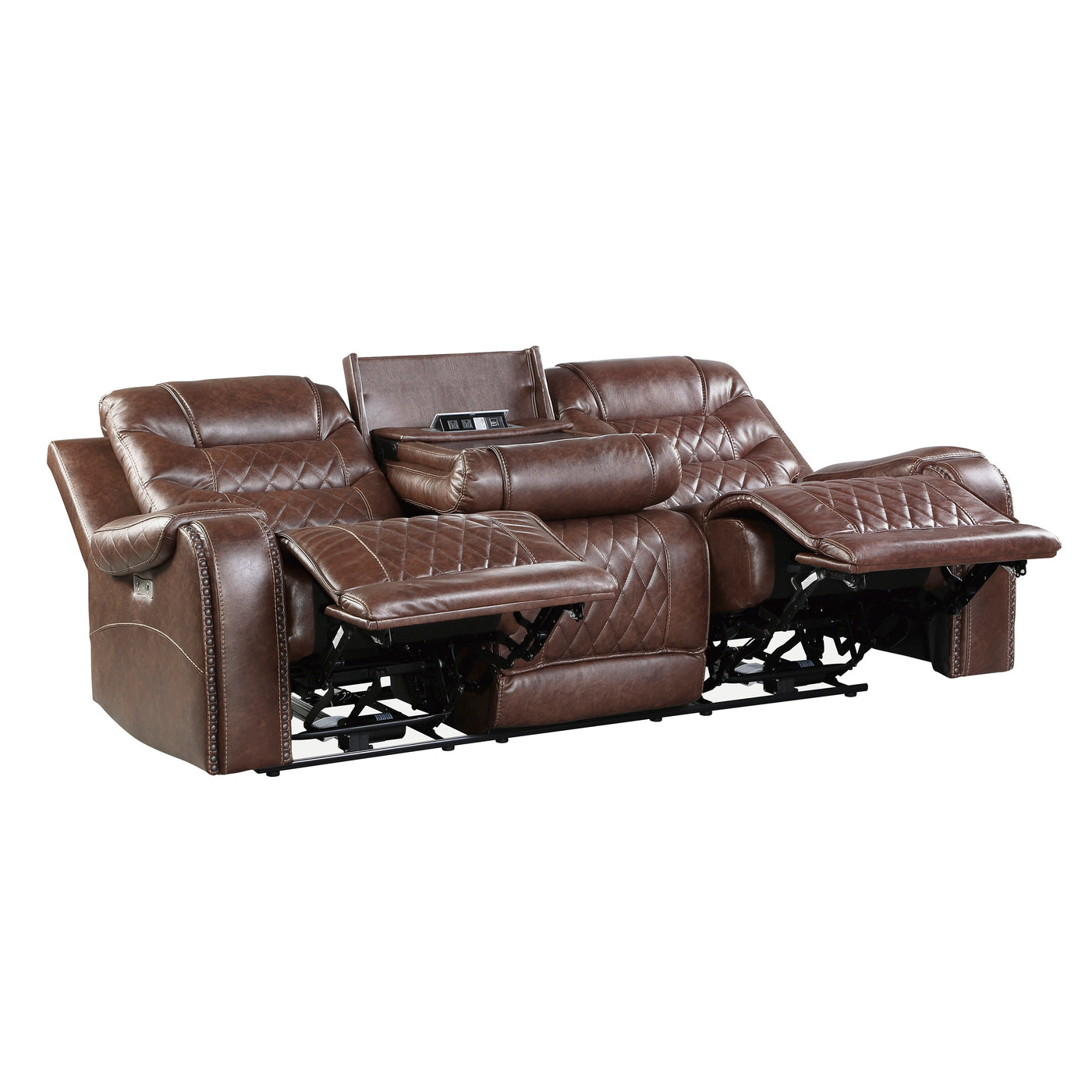 Luxurious Living Room Furniture 2pc Power Reclining Sofa Set Brown Breathable Faux Leather Upholstery Center Drop-Down Cup Holders, Power Outlets, USB Ports, Diamond Pattern Stitching