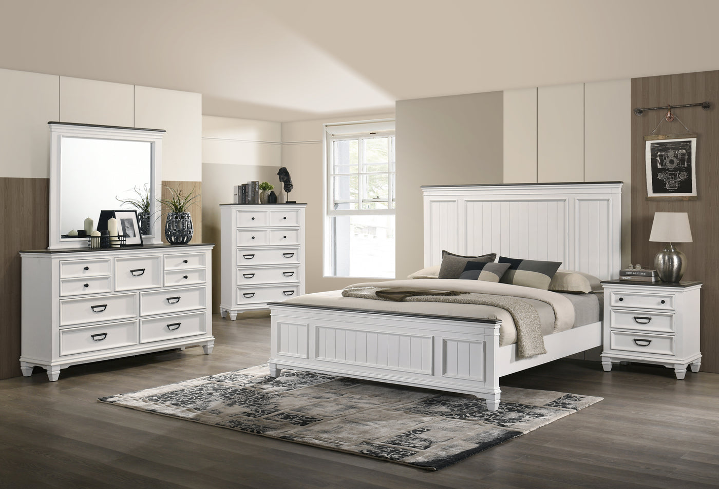 Clelane Wood Bedroom 5 piece Set with Shiplap Panel King Bed, Dresser, Mirror, Nightstand, and Chest