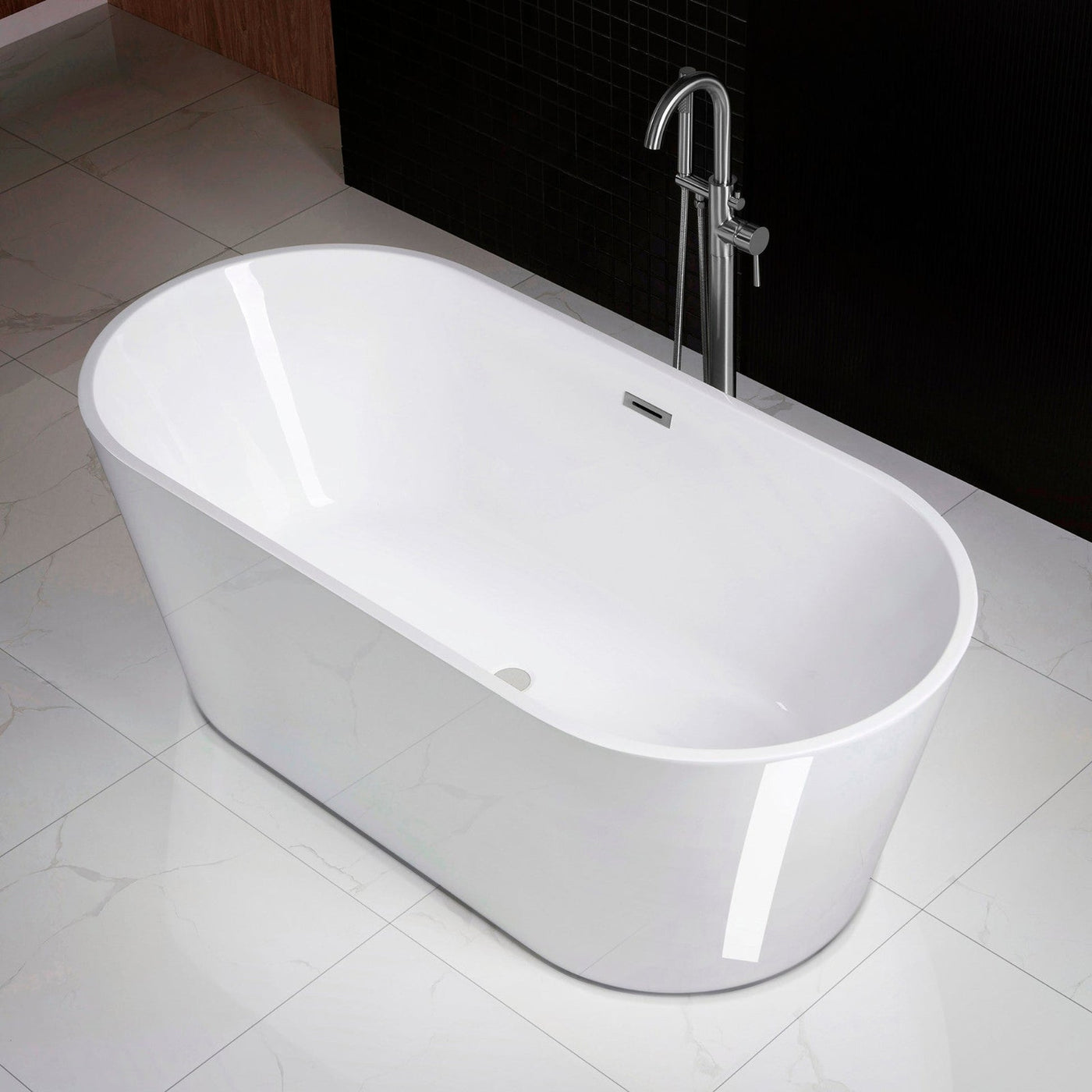 WoodBridge 67" White Acrylic Freestanding Soaking Bathtub With Chrome Drain and Overflow