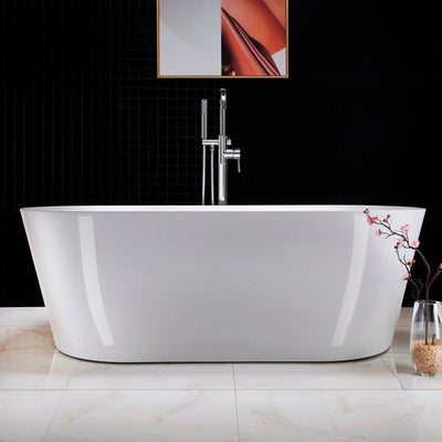 WoodBridge 67" White Acrylic Freestanding Soaking Bathtub With Chrome Drain and Overflow