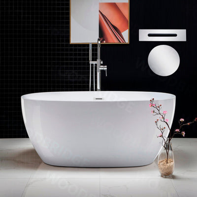 WoodBridge B1418 55" White Acrylic Freestanding Soaking Bathtub With Chrome Drain and Overflow