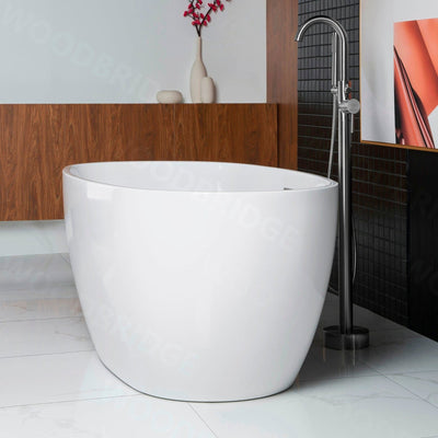 WoodBridge B1418 55" White Acrylic Freestanding Soaking Bathtub With Chrome Drain and Overflow