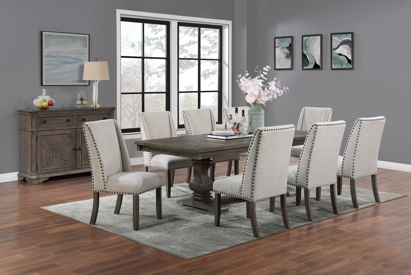 Traditional Formal 9pc Dining Set Table w Leaf 8x Side Chairs Pedestal Base Oak Finish Table Wingback Design Upholstered Cushion Dining Room