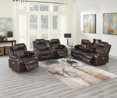 Power Motion Sofa 1pc Contemporary Brown Color Gel Leatherette Storage Arms w Cup Holder Living Room Furniture