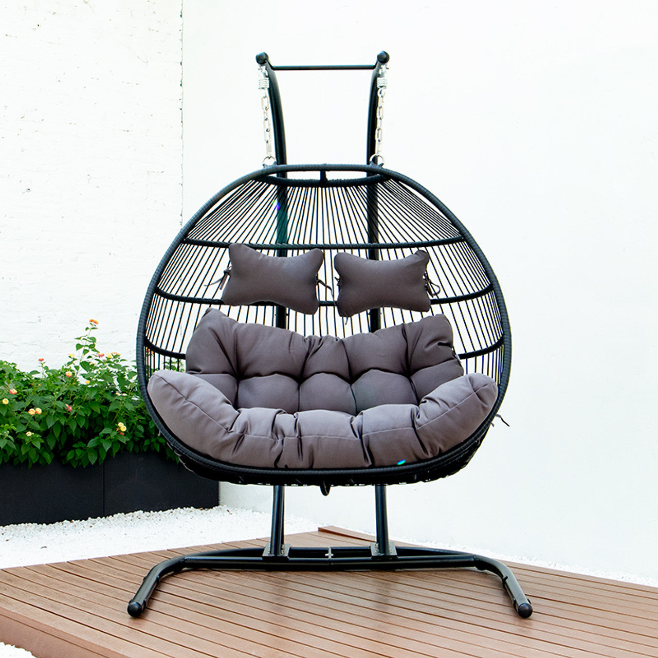 Direct Wicker Black Steel Double Seat Patio Swing Chair with Anthracite Cushion