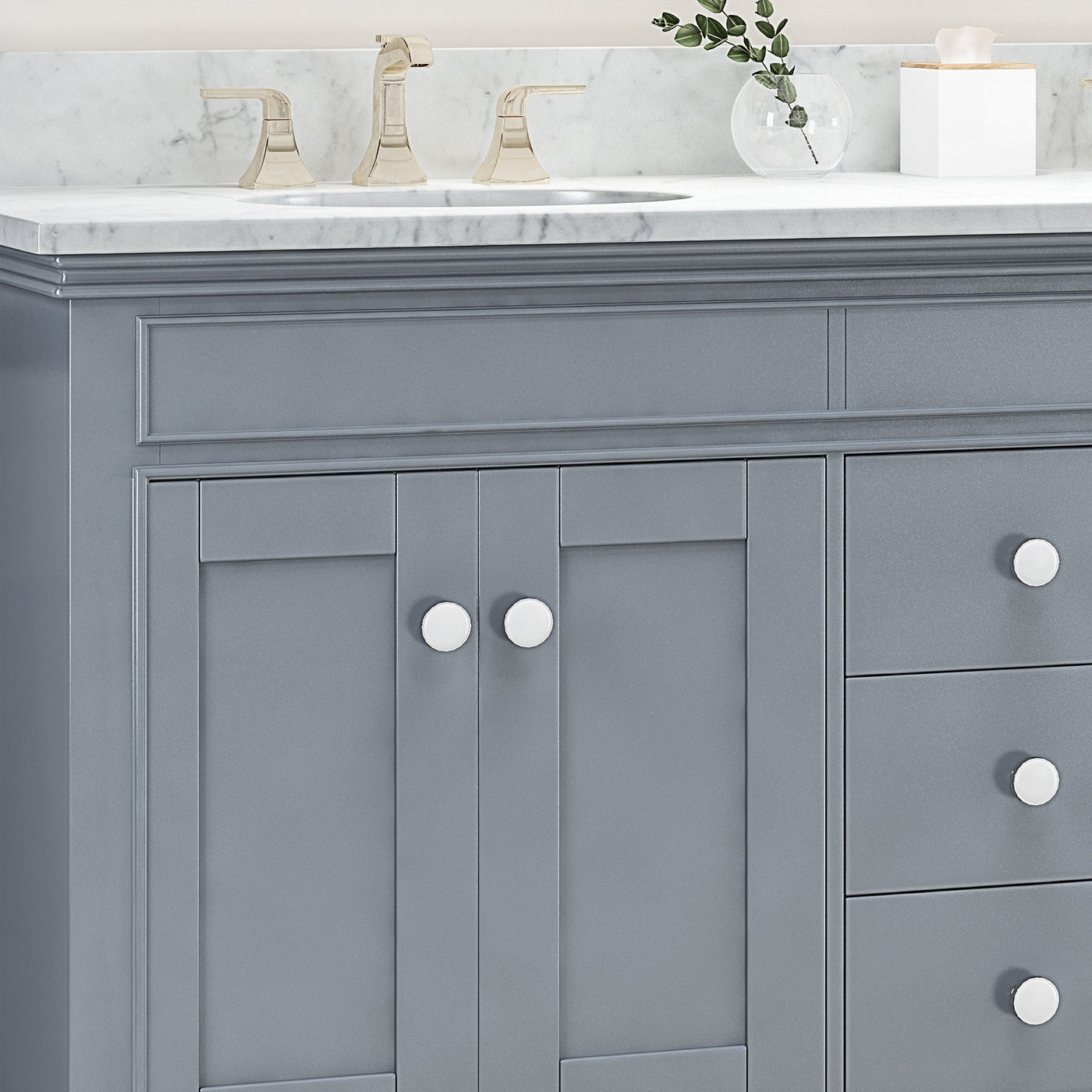 61'' Bathroom Vanity with Marble Top & Double Ceramic Sinks, 3 Drawers, 4 Doors, Gray