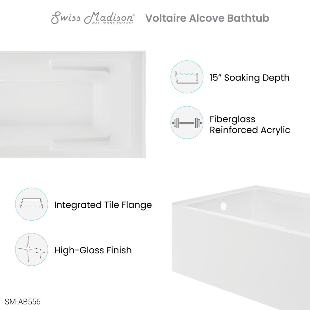 Swiss Madison Voltaire 72" x 36" Left-Hand Drain Alcove Bathtub with Apron and Armrest SM-AB556