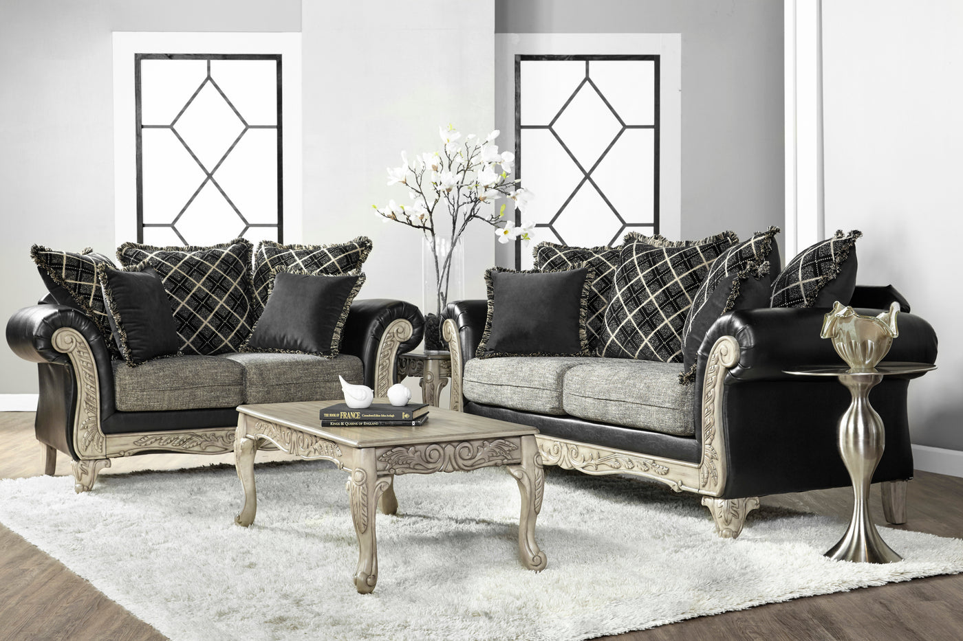 San Marino 2-Tone Fabric Wooden Frame Sofa and Loveseat with 3 Tables Set