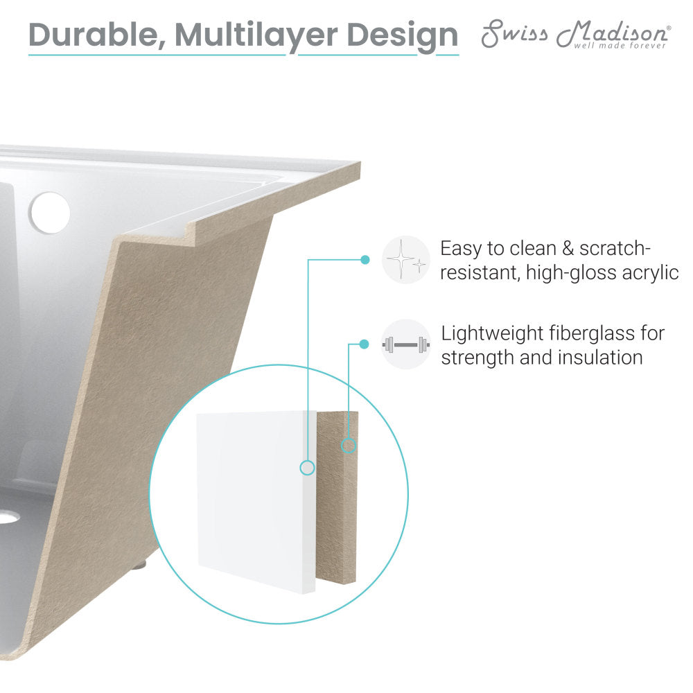 Swiss Madison Voltaire 54" x 30" Acrylic Glossy White, Alcove, Integral Left-Hand Drain, Bathtub SM-AB562