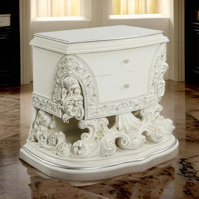 Rox 40 Inch Classic Ornate Carved Nightstand with 2 Drawer, Wood, White