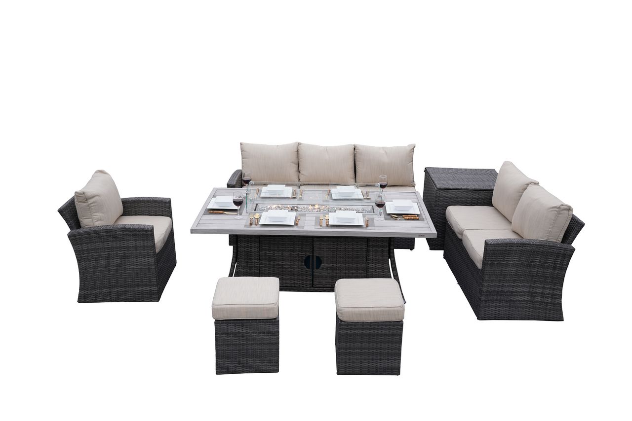 Direct Wicker 7-Piece Patio Fire Pit Wicker Dining Sofa Set with Cushions