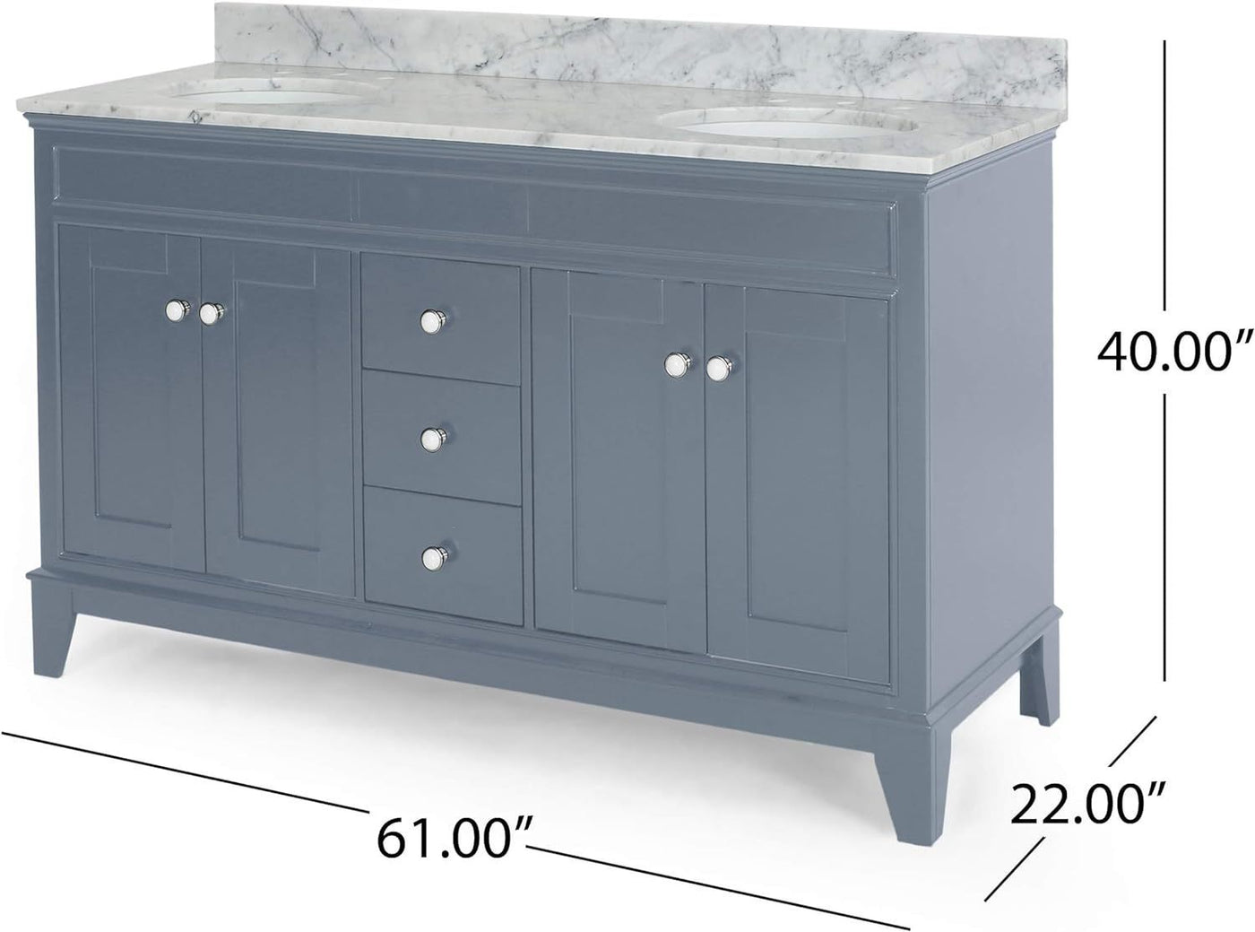 61'' Bathroom Vanity with Marble Top & Double Ceramic Sinks, 3 Drawers, 4 Doors, Gray