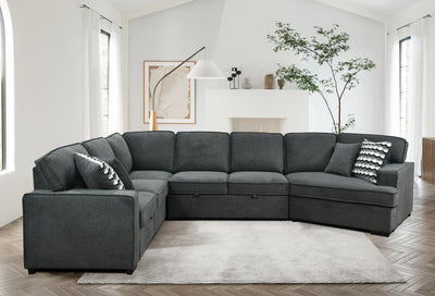 146"Oversized Upholstered Sectional Pull Out Sleeper Bed and Chaise Lounge, U-Shaped Sofa with 2 pull-out bed, 4 Pillows & 2 Cup Holders on Back Cushions for Home, Bedroom, Apartment, Dark Gray